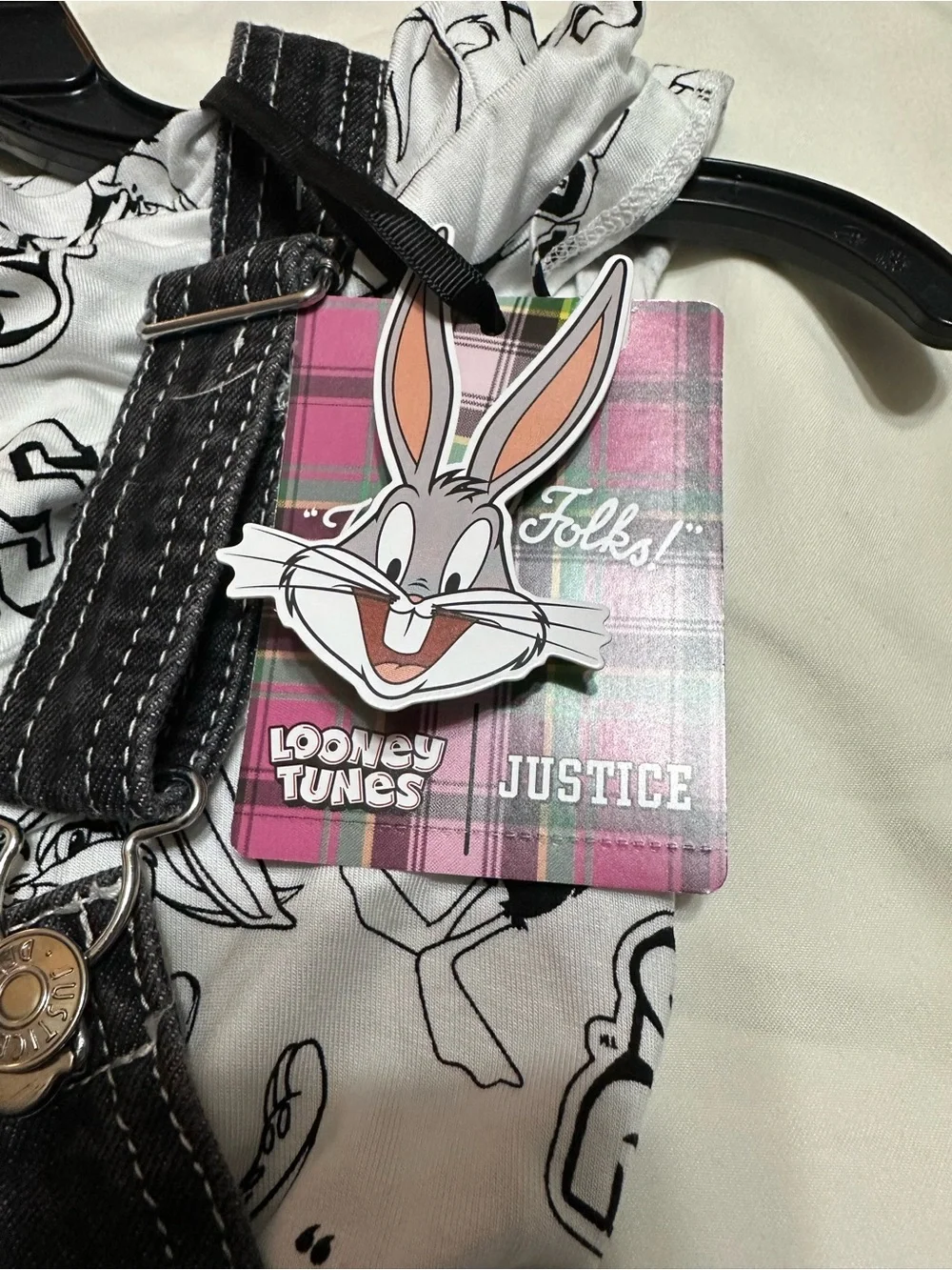 Warner Bros. Black Denim Short Overalls with Looney Tunes Patches